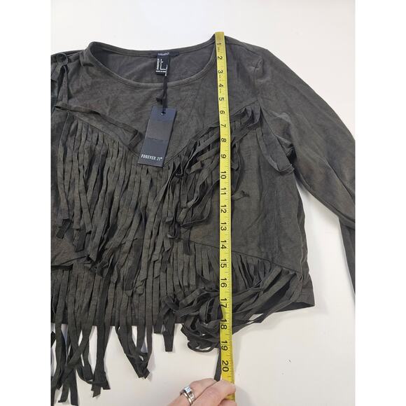 NWT forever 21 fringe velour green midi cut off cropped top long sleeve boho S - Picture 6 of 8